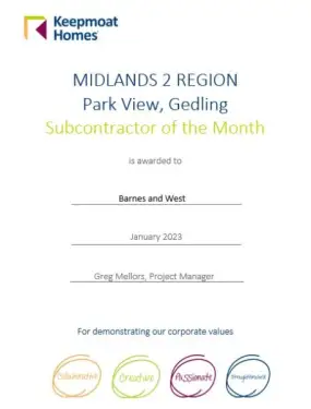 Click Here To Enlarge This Photo Of Keepmoat Homes Midlands Subcontractor of the Month January 2023